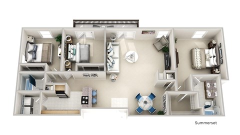a 3d floor plan of a house with a swimming pool